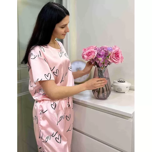 Ekouaer Womens Satin Silky Pajama Set Short Sleeve Shirt with Long Pajama Pant Set Soft PJ LoungewearPink Love