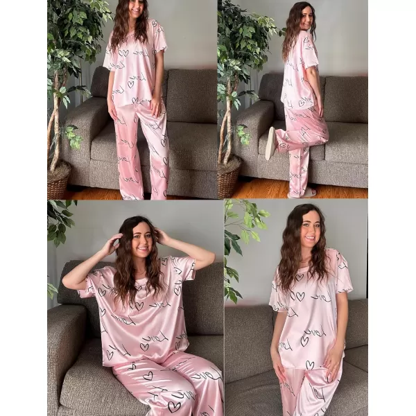 Ekouaer Womens Satin Silky Pajama Set Short Sleeve Shirt with Long Pajama Pant Set Soft PJ LoungewearPink Love