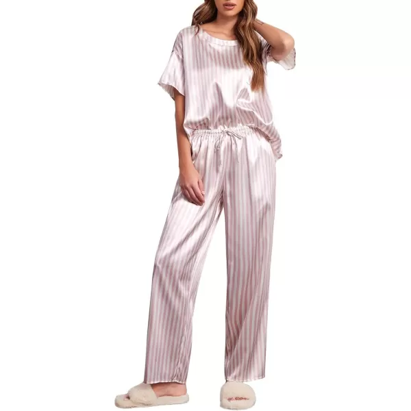 Ekouaer Womens Satin Silky Pajama Set Short Sleeve Shirt with Long Pajama Pant Set Soft PJ LoungewearPink Stripes