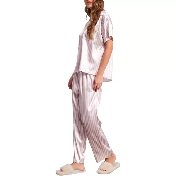 Ekouaer Womens Satin Silky Pajama Set Short Sleeve Shirt with Long Pajama Pant Set Soft PJ LoungewearPink Stripes