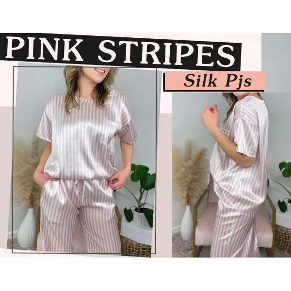 Ekouaer Womens Satin Silky Pajama Set Short Sleeve Shirt with Long Pajama Pant Set Soft PJ LoungewearPink Stripes