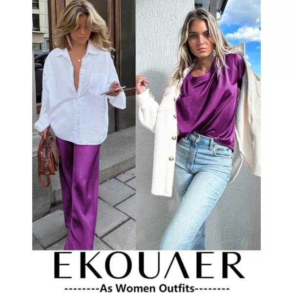 Ekouaer Womens Satin Silky Pajama Set Short Sleeve Shirt with Long Pajama Pant Set Soft PJ LoungewearPurple