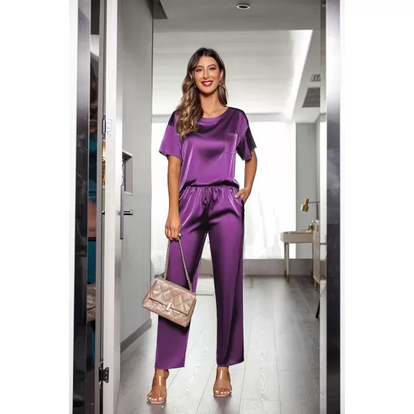 Ekouaer Womens Satin Silky Pajama Set Short Sleeve Shirt with Long Pajama Pant Set Soft PJ LoungewearPurple