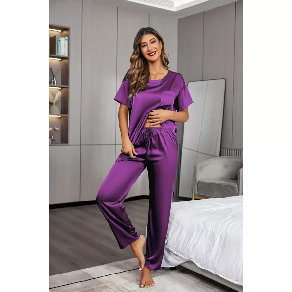 Ekouaer Womens Satin Silky Pajama Set Short Sleeve Shirt with Long Pajama Pant Set Soft PJ LoungewearPurple