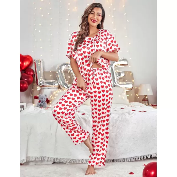 Ekouaer Womens Satin Silky Pajama Set Short Sleeve Shirt with Long Pajama Pant Set Soft PJ LoungewearRed Heart