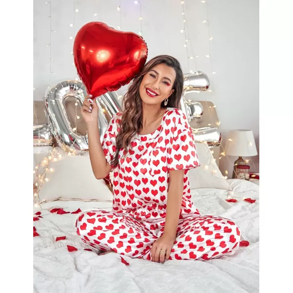 Ekouaer Womens Satin Silky Pajama Set Short Sleeve Shirt with Long Pajama Pant Set Soft PJ LoungewearRed Heart