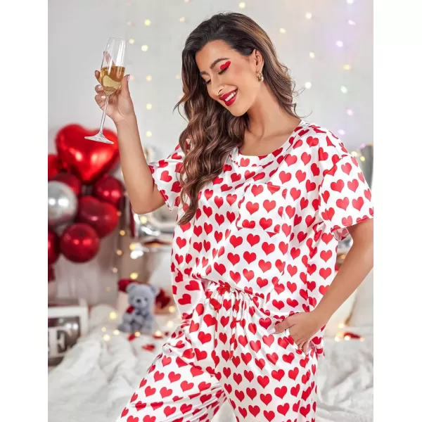 Ekouaer Womens Satin Silky Pajama Set Short Sleeve Shirt with Long Pajama Pant Set Soft PJ LoungewearRed Heart