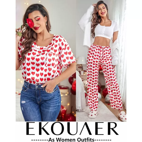 Ekouaer Womens Satin Silky Pajama Set Short Sleeve Shirt with Long Pajama Pant Set Soft PJ LoungewearRed Heart