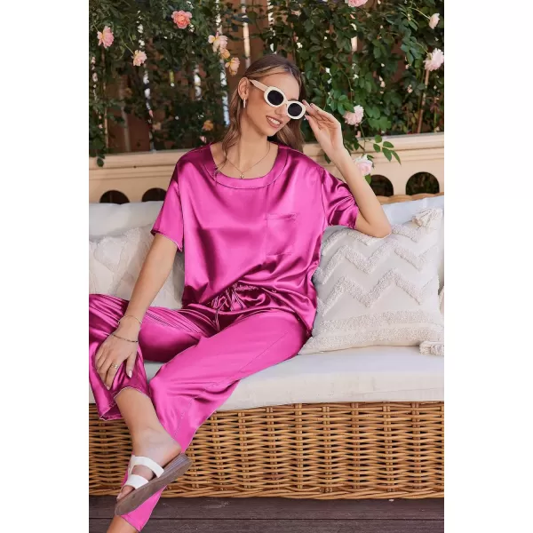 Ekouaer Womens Satin Silky Pajama Set Short Sleeve Shirt with Long Pajama Pant Set Soft PJ LoungewearRose