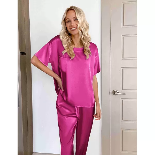 Ekouaer Womens Satin Silky Pajama Set Short Sleeve Shirt with Long Pajama Pant Set Soft PJ LoungewearRose