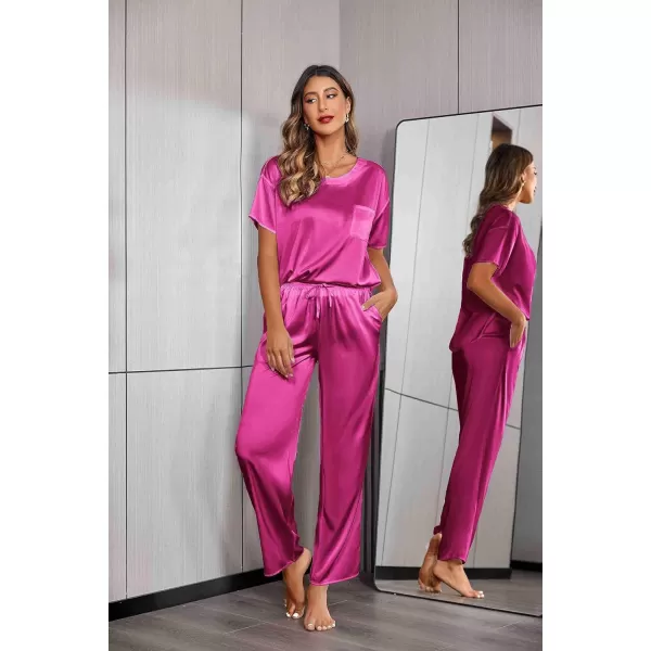 Ekouaer Womens Satin Silky Pajama Set Short Sleeve Shirt with Long Pajama Pant Set Soft PJ LoungewearRose