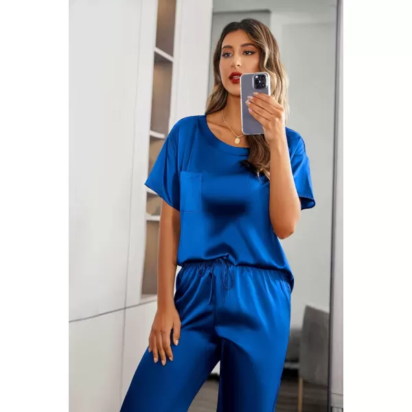 Ekouaer Womens Satin Silky Pajama Set Short Sleeve Shirt with Long Pajama Pant Set Soft PJ LoungewearRoyal Blue