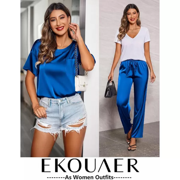 Ekouaer Womens Satin Silky Pajama Set Short Sleeve Shirt with Long Pajama Pant Set Soft PJ LoungewearRoyal Blue