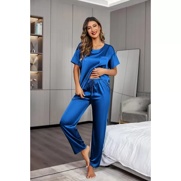 Ekouaer Womens Satin Silky Pajama Set Short Sleeve Shirt with Long Pajama Pant Set Soft PJ LoungewearRoyal Blue