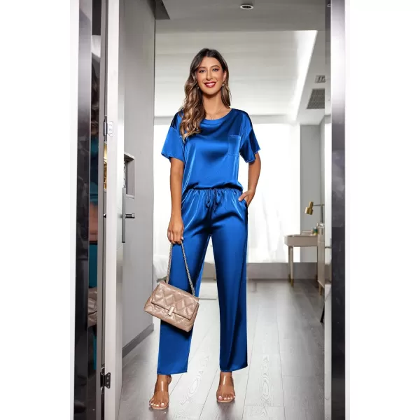 Ekouaer Womens Satin Silky Pajama Set Short Sleeve Shirt with Long Pajama Pant Set Soft PJ LoungewearRoyal Blue