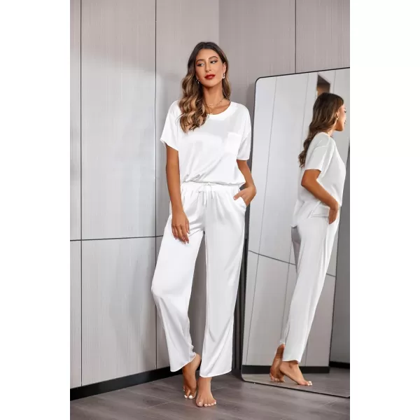 Ekouaer Womens Satin Silky Pajama Set Short Sleeve Shirt with Long Pajama Pant Set Soft PJ LoungewearWhite