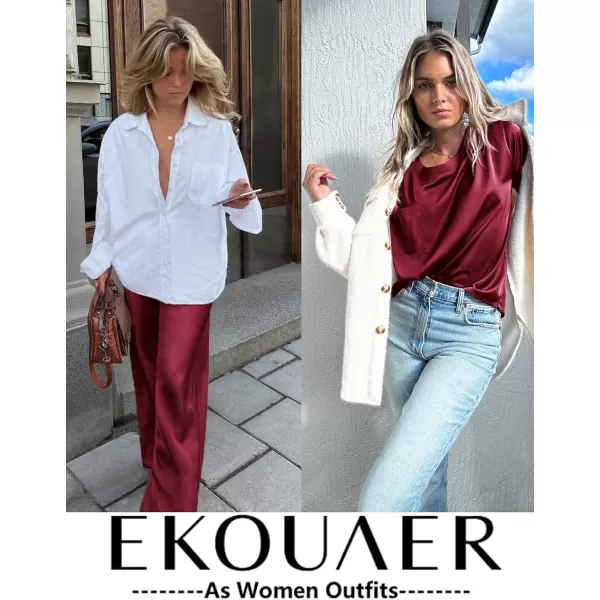 Ekouaer Womens Satin Silky Pajama Set Short Sleeve Shirt with Long Pajama Pant Set Soft PJ LoungewearWine Red