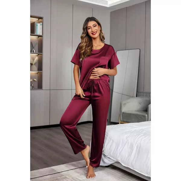 Ekouaer Womens Satin Silky Pajama Set Short Sleeve Shirt with Long Pajama Pant Set Soft PJ LoungewearWine Red