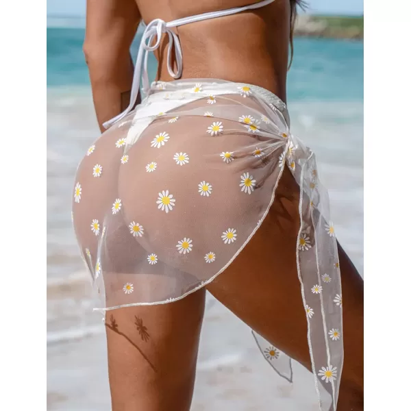 Ekouaer Womens Short Sarongs Beach Wrap Sheer Bikini Wraps Chiffon Cover Ups for Swimwear S3XLMeshButterfly and flower Daisywhite