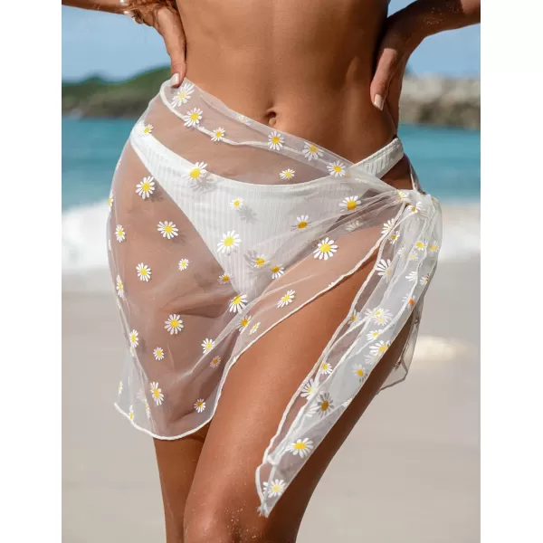 Ekouaer Womens Short Sarongs Beach Wrap Sheer Bikini Wraps Chiffon Cover Ups for Swimwear S3XLMeshButterfly and flower Daisywhite