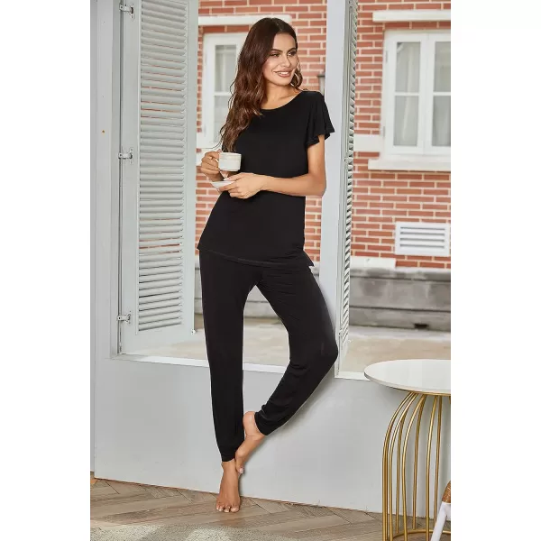 Ekouaer Womens Short Sleeve Pajama Sets with Long Pants01 Black