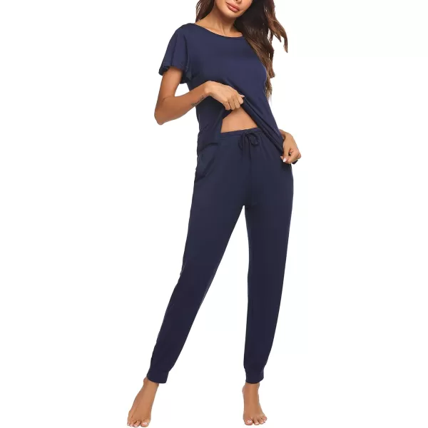 Ekouaer Womens Short Sleeve Pajama Sets with Long Pants01 Navy Blue