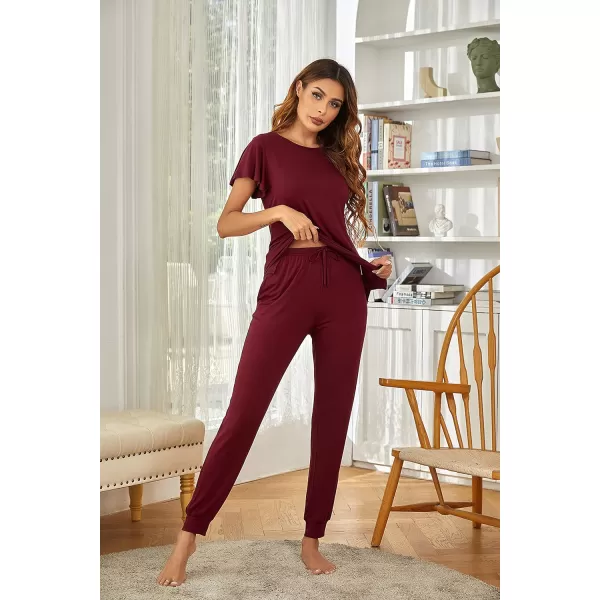 Ekouaer Womens Short Sleeve Pajama Sets with Long Pants01 Wine Red