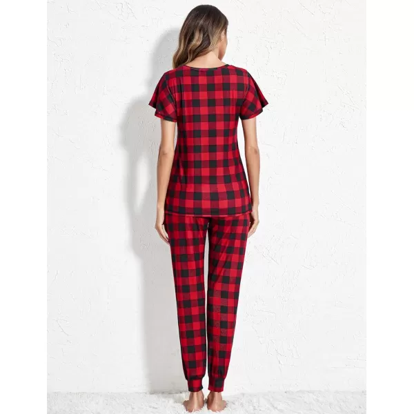 Ekouaer Womens Short Sleeve Pajama Sets with Long PantsPlaidblack Red