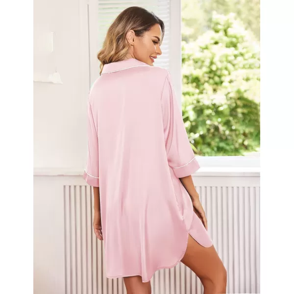 Ekouaer Womens Silk Nightgown 34 Sleeve Sleepwear Satin Boyfriend Sleepshirt Button NightshirtA02 Misty Rose Pink