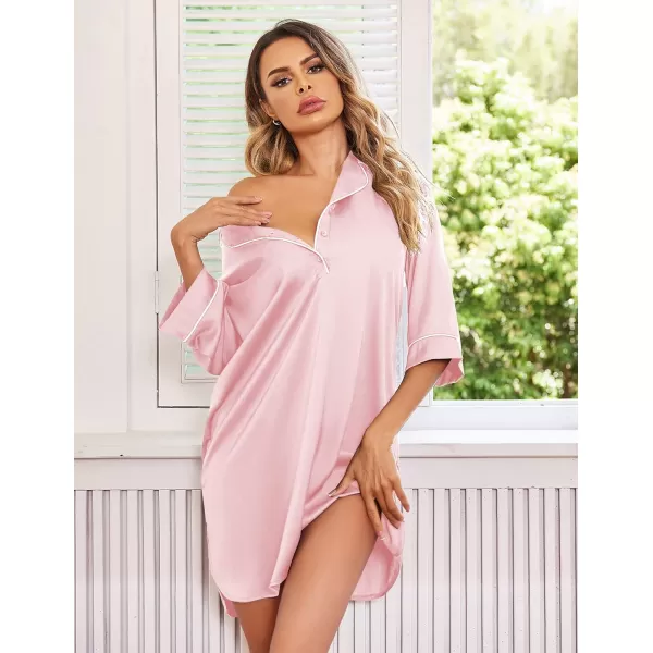 Ekouaer Womens Silk Nightgown 34 Sleeve Sleepwear Satin Boyfriend Sleepshirt Button NightshirtA02 Misty Rose Pink