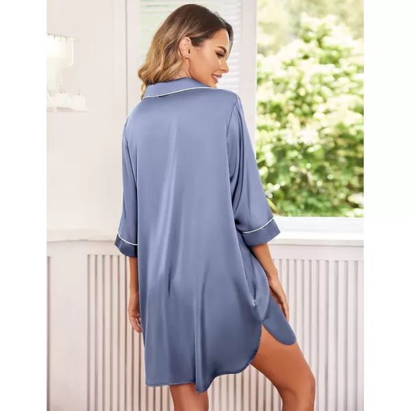 Ekouaer Womens Silk Nightgown 34 Sleeve Sleepwear Satin Boyfriend Sleepshirt Button NightshirtA05 Grey Blue