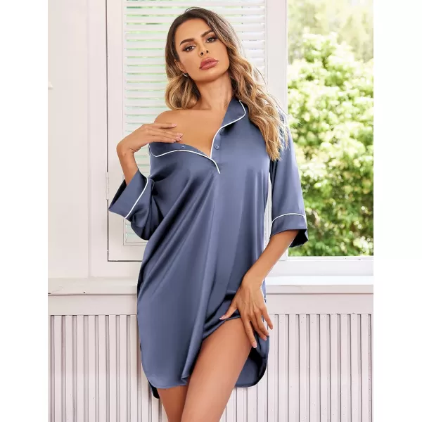 Ekouaer Womens Silk Nightgown 34 Sleeve Sleepwear Satin Boyfriend Sleepshirt Button NightshirtA05 Grey Blue