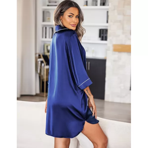 Ekouaer Womens Silk Nightgown 34 Sleeve Sleepwear Satin Boyfriend Sleepshirt Button NightshirtA06 Navy Blue