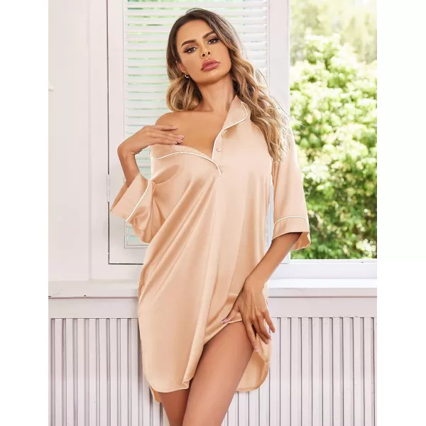 Ekouaer Womens Silk Nightgown 34 Sleeve Sleepwear Satin Boyfriend Sleepshirt Button NightshirtA07 Champagne