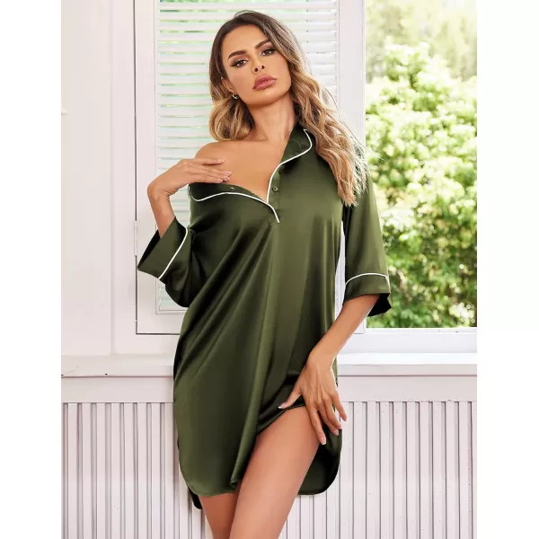 Ekouaer Womens Silk Nightgown 34 Sleeve Sleepwear Satin Boyfriend Sleepshirt Button NightshirtA08 Army Green