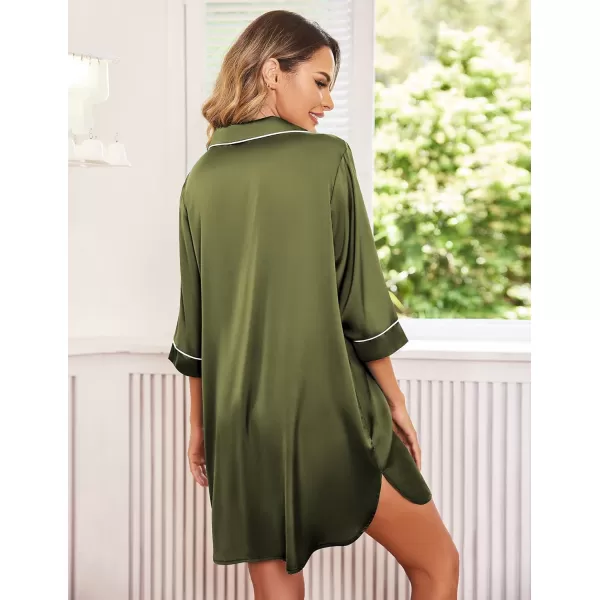 Ekouaer Womens Silk Nightgown 34 Sleeve Sleepwear Satin Boyfriend Sleepshirt Button NightshirtA08 Army Green