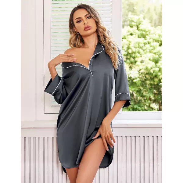 Ekouaer Womens Silk Nightgown 34 Sleeve Sleepwear Satin Boyfriend Sleepshirt Button NightshirtA10 Charcoal Grey