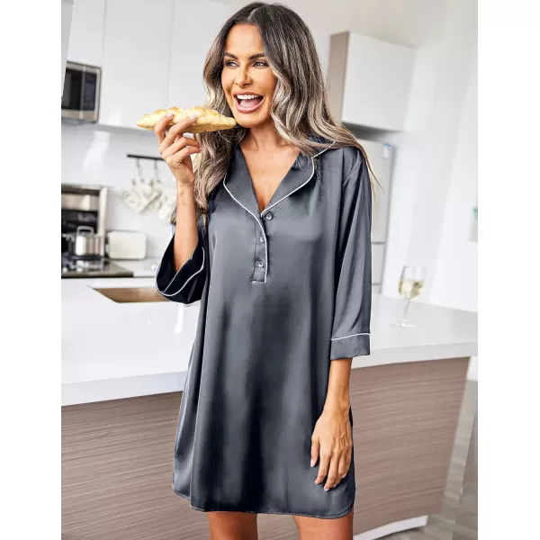 Ekouaer Womens Silk Nightgown 34 Sleeve Sleepwear Satin Boyfriend Sleepshirt Button NightshirtA10 Charcoal Grey