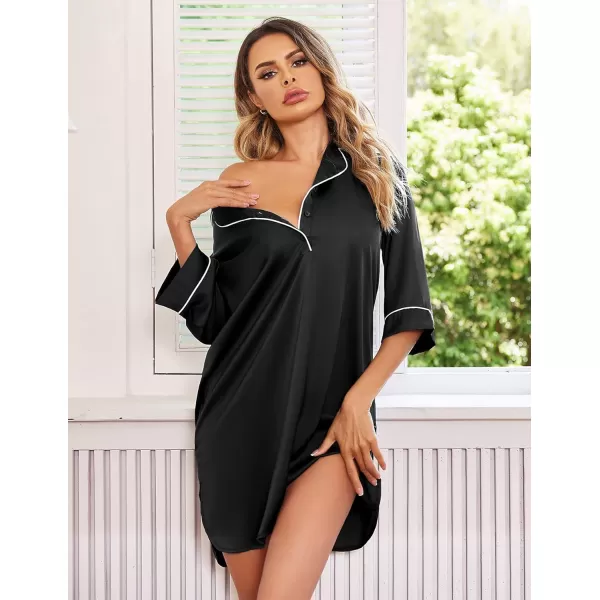 Ekouaer Womens Silk Nightgown 34 Sleeve Sleepwear Satin Boyfriend Sleepshirt Button NightshirtBlack