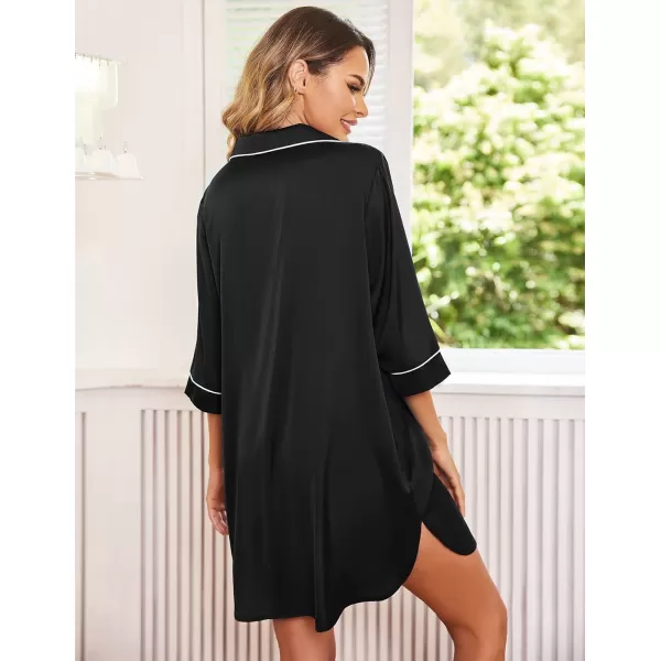 Ekouaer Womens Silk Nightgown 34 Sleeve Sleepwear Satin Boyfriend Sleepshirt Button NightshirtBlack