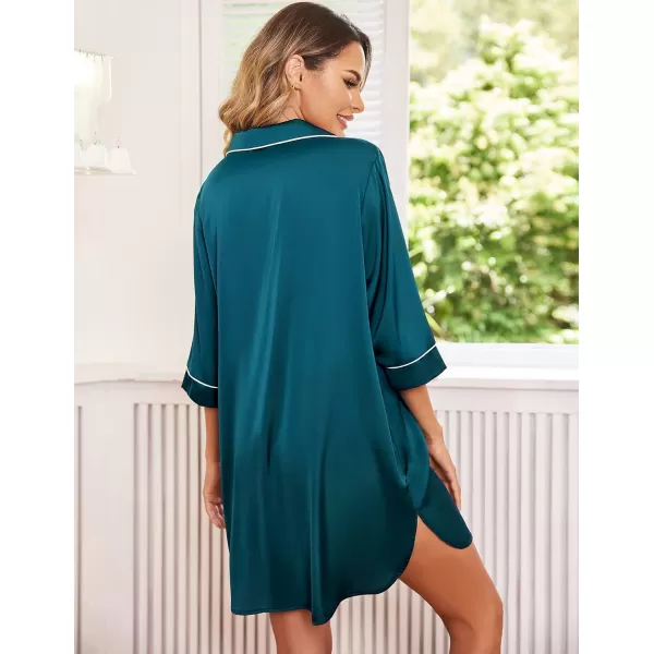 Ekouaer Womens Silk Nightgown 34 Sleeve Sleepwear Satin Boyfriend Sleepshirt Button NightshirtPeacock Blue