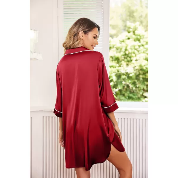 Ekouaer Womens Silk Nightgown 34 Sleeve Sleepwear Satin Boyfriend Sleepshirt Button NightshirtWine Red Burgandy