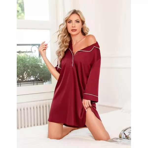 Ekouaer Womens Silk Nightgown 34 Sleeve Sleepwear Satin Boyfriend Sleepshirt Button NightshirtWine Red Burgandy