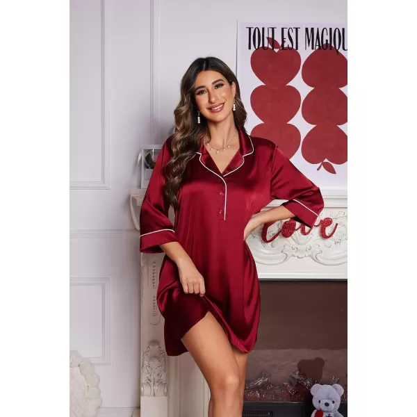 Ekouaer Womens Silk Nightgown 34 Sleeve Sleepwear Satin Boyfriend Sleepshirt Button NightshirtWine Red Burgandy