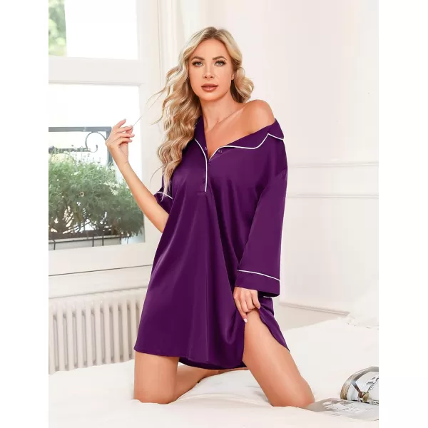 Ekouaer Womens Silk Nightgown 34 Sleeve Sleepwear Satin Boyfriend Sleepshirt Button NightshirtWineberry Purple