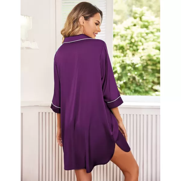 Ekouaer Womens Silk Nightgown 34 Sleeve Sleepwear Satin Boyfriend Sleepshirt Button NightshirtWineberry Purple