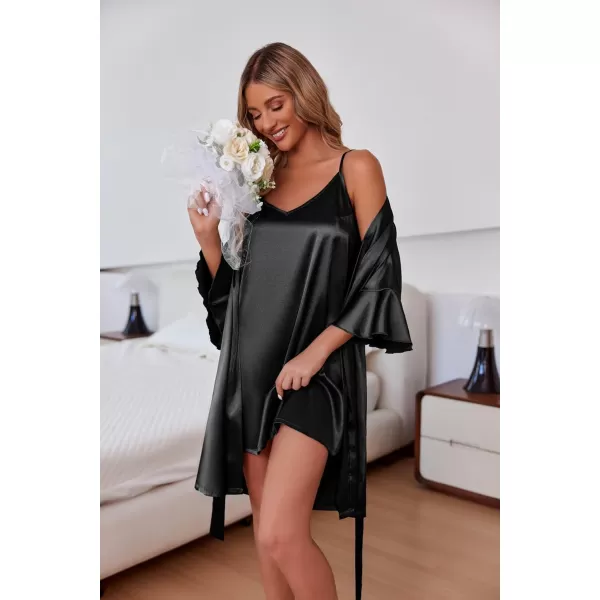 Ekouaer Womens Silk Robe Set Vneck 2 Piece Bridal Party Robes and Satin Bathrobe Set with PocketsAblack