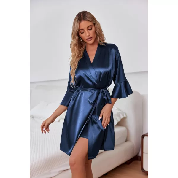 Ekouaer Womens Silk Robe Set Vneck 2 Piece Bridal Party Robes and Satin Bathrobe Set with PocketsDark Blue