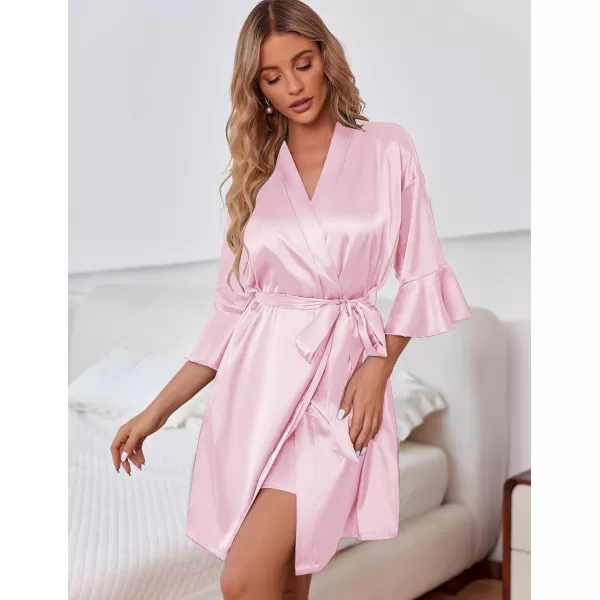 Ekouaer Womens Silk Robe Set Vneck 2 Piece Bridal Party Robes and Satin Bathrobe Set with PocketsLight Pink