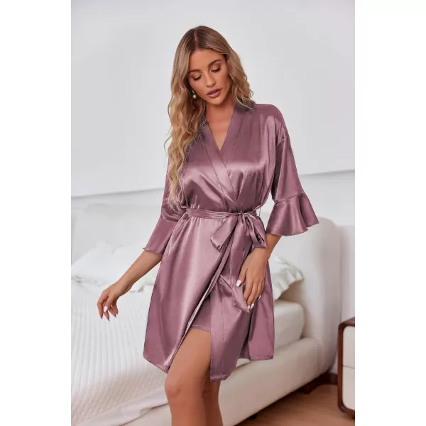 Ekouaer Womens Silk Robe Set Vneck 2 Piece Bridal Party Robes and Satin Bathrobe Set with PocketsMauve Purple